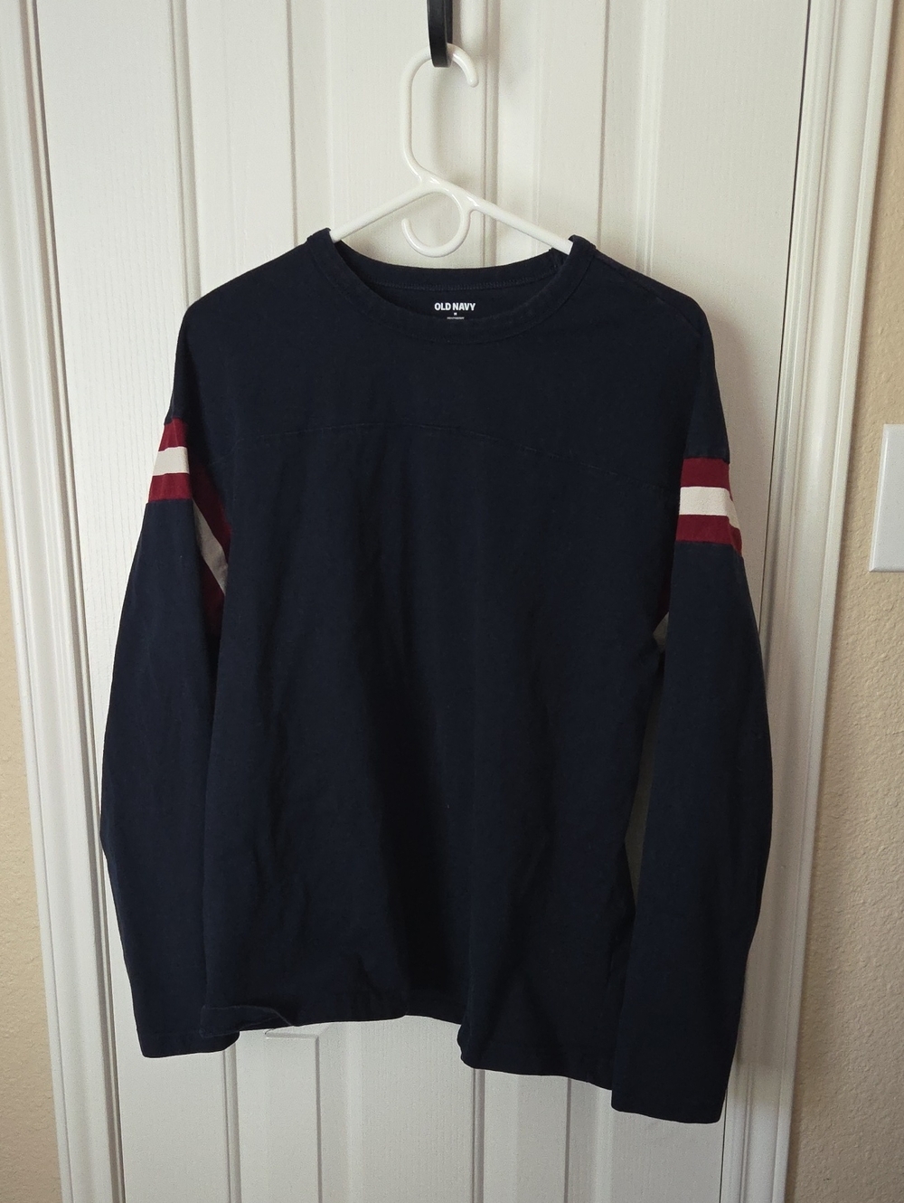 Old Navy Men's Navy Crewneck Sweater with Red and White Sleeve Stripes